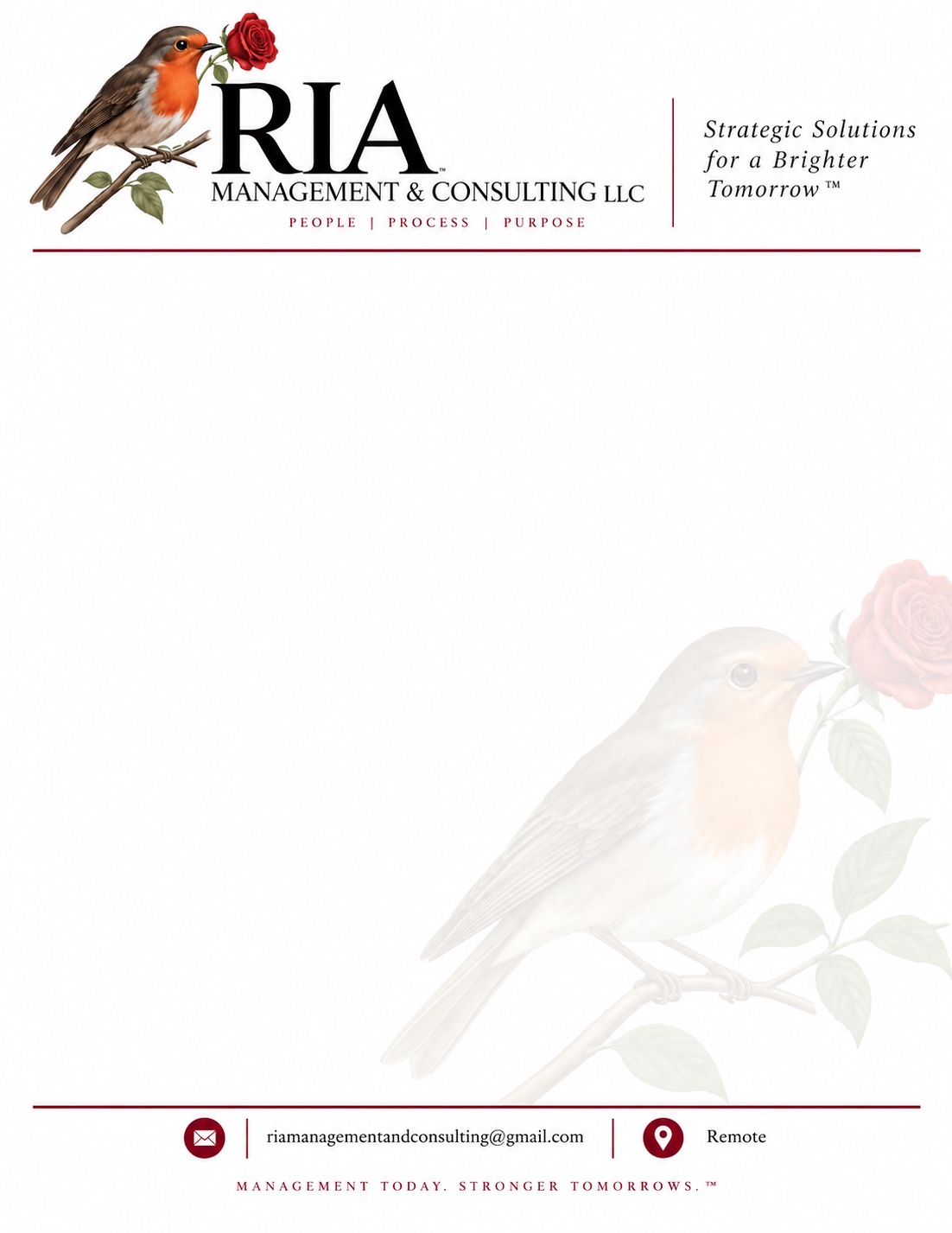 RIA Management & Consulting LLC logo: bird with rose and the tagline Strategic Solutions for a Brighter Tomorrow
